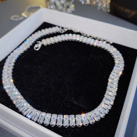 Diamond CZ Rectangle Baguette Tennis Necklace 113 - Picture 6 of 8